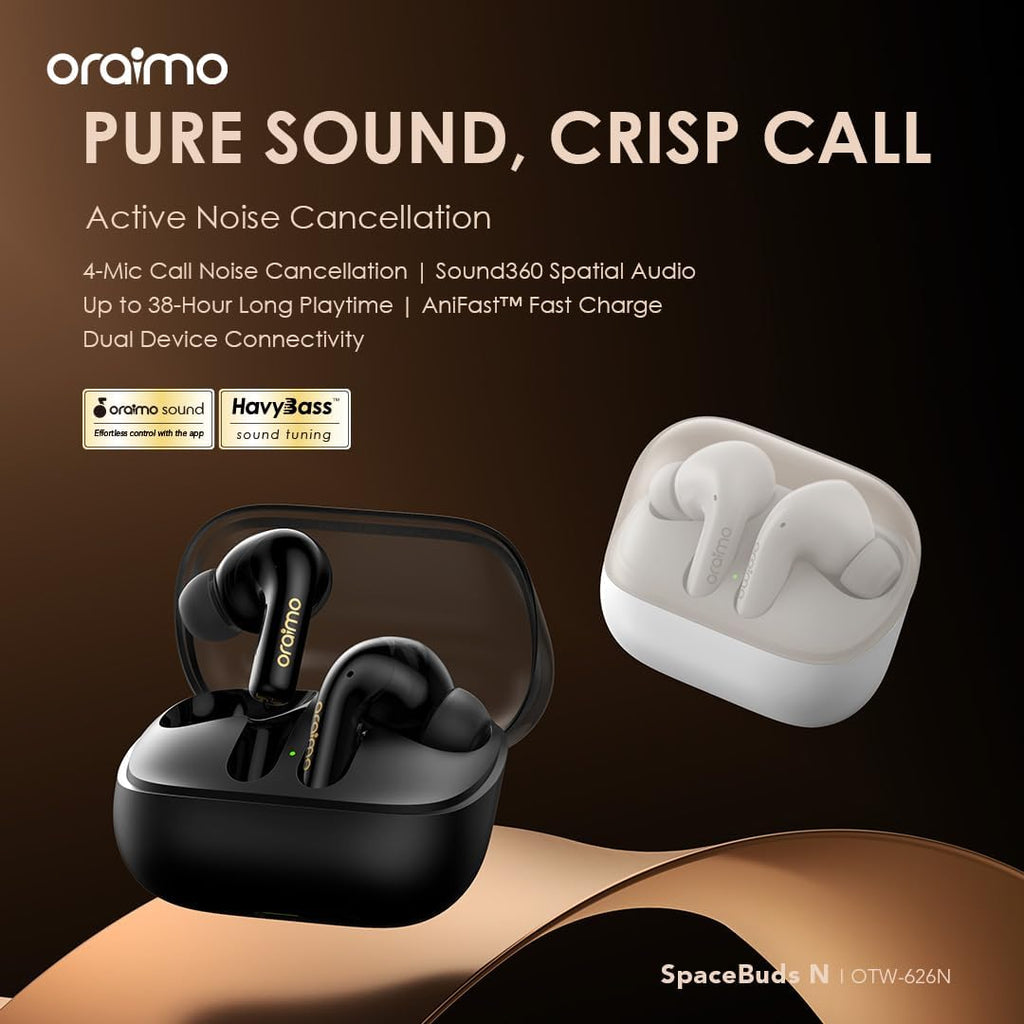 Oraimo SpaceBuds N ANC True Wireless Earbuds – عزل ضوضاء، بطارية قوية، تصميم مريح