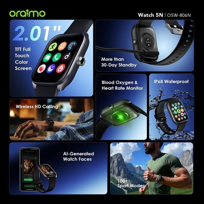 Oraimo Smart Watch 5N – Smartwatch, 1.83-inch screen, 7-day battery life
