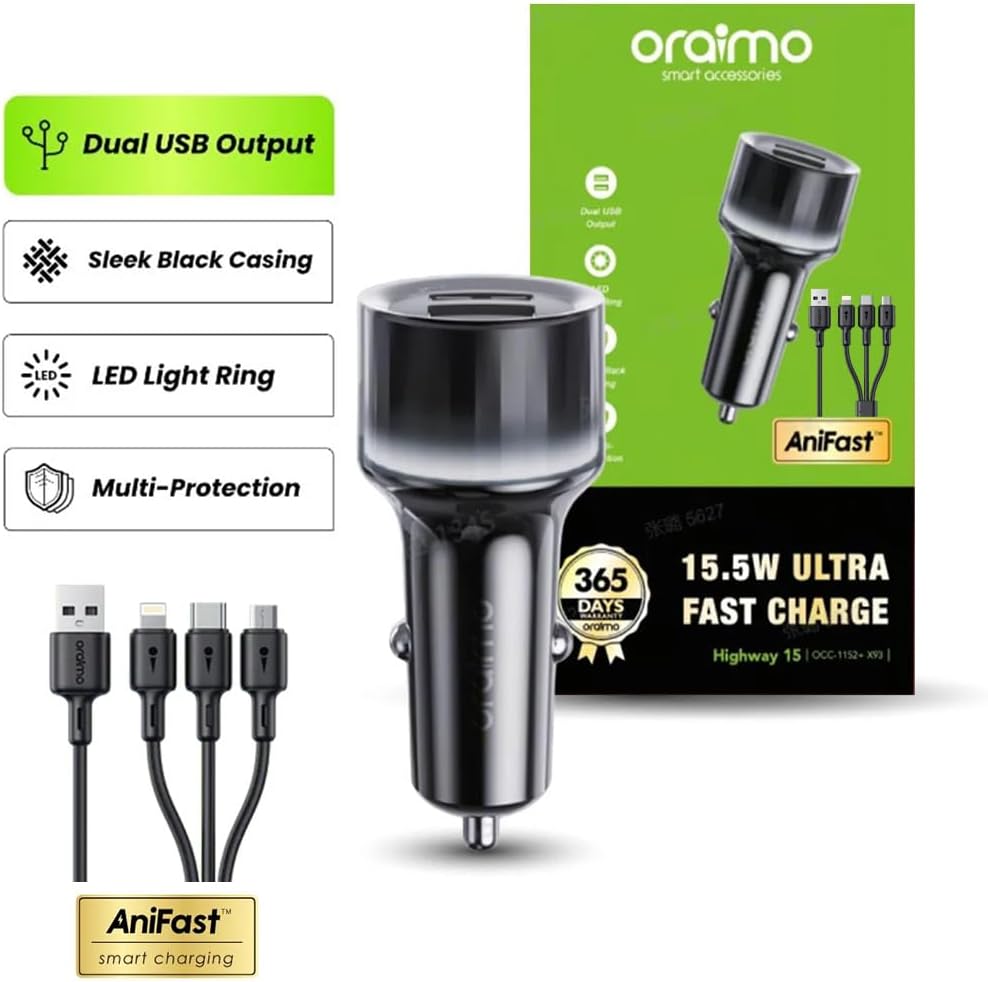 Oraimo Highway 15 Car Charger OCC-1152D-X93 – 15.5W Dual Port Car Charger with 3-in-1 Cable