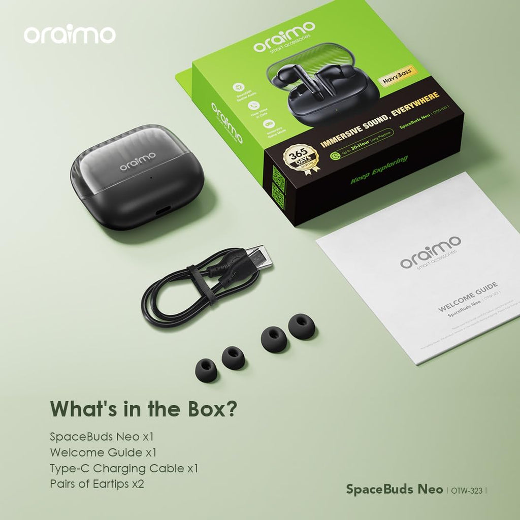 سماعات Oraimo SpaceBuds Neo – بلوتوث 5.3، بطارية 40 ساعة، مقاومة للماء IPX5