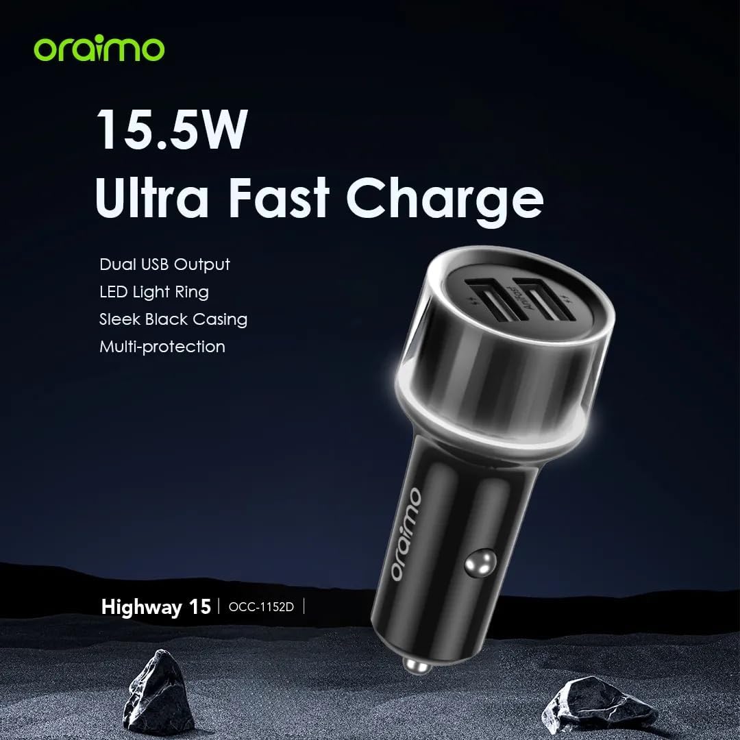 Oraimo Highway 15 Car Charger OCC-1152D-X93 – 15.5W Dual Port Car Charger with 3-in-1 Cable