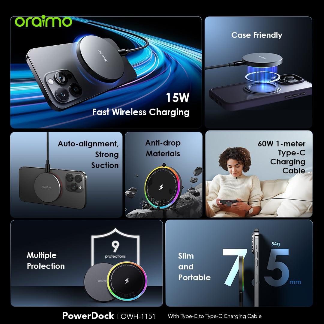 Oraimo Power Dock OWH-1151 – 15W Magnetic Wireless Charging Dock