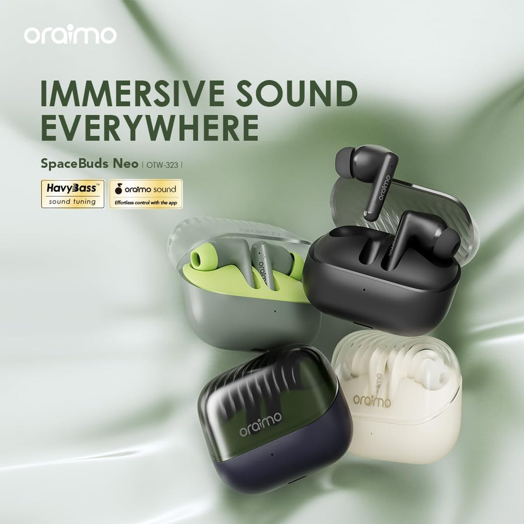 سماعات Oraimo SpaceBuds Neo – بلوتوث 5.3، بطارية 40 ساعة، مقاومة للماء IPX5