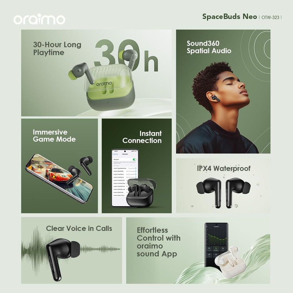 سماعات Oraimo SpaceBuds Neo – بلوتوث 5.3، بطارية 40 ساعة، مقاومة للماء IPX5