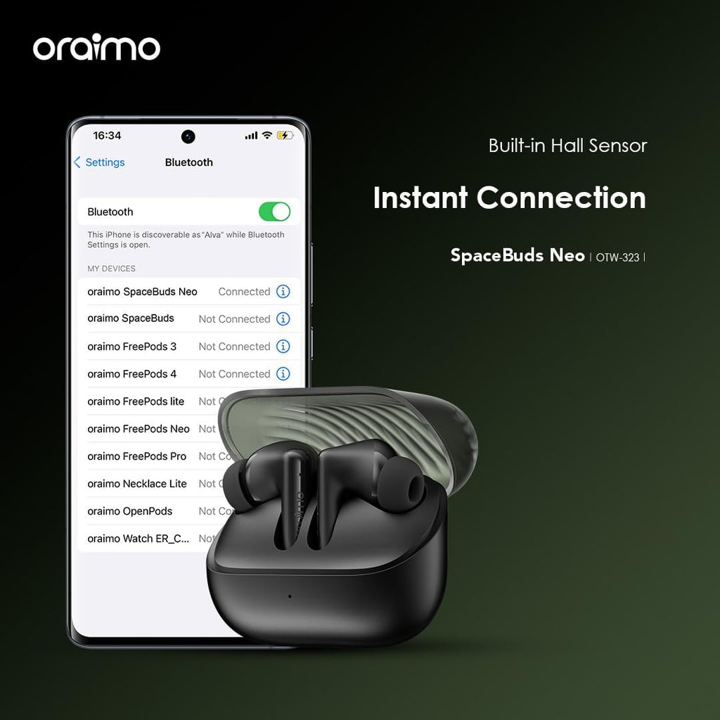 سماعات Oraimo SpaceBuds Neo – بلوتوث 5.3، بطارية 40 ساعة، مقاومة للماء IPX5