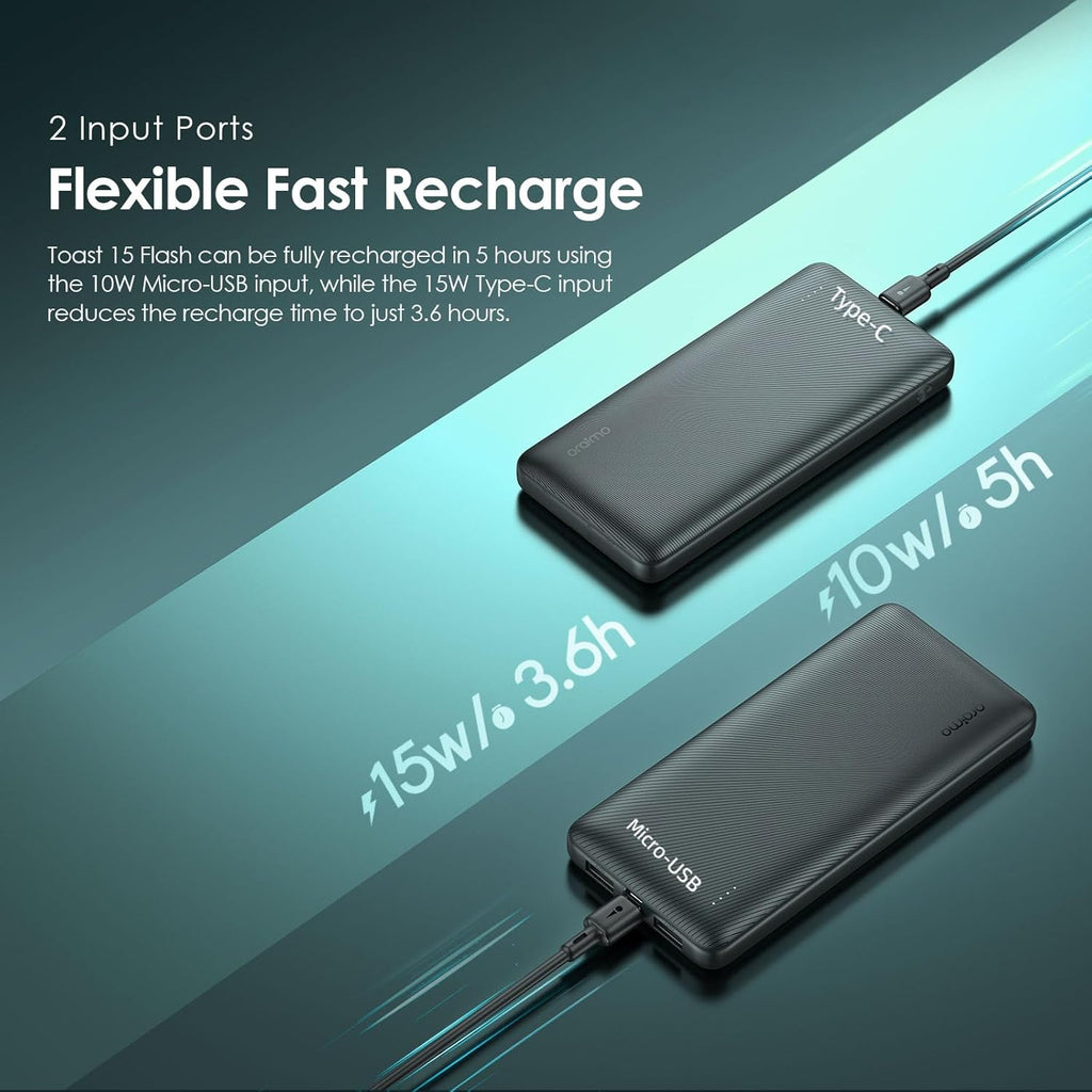 باور بنك Oraimo Toast 15 Flash – سعة 10000mAh، شحن سريع 15W، منفذ USB مزدوج