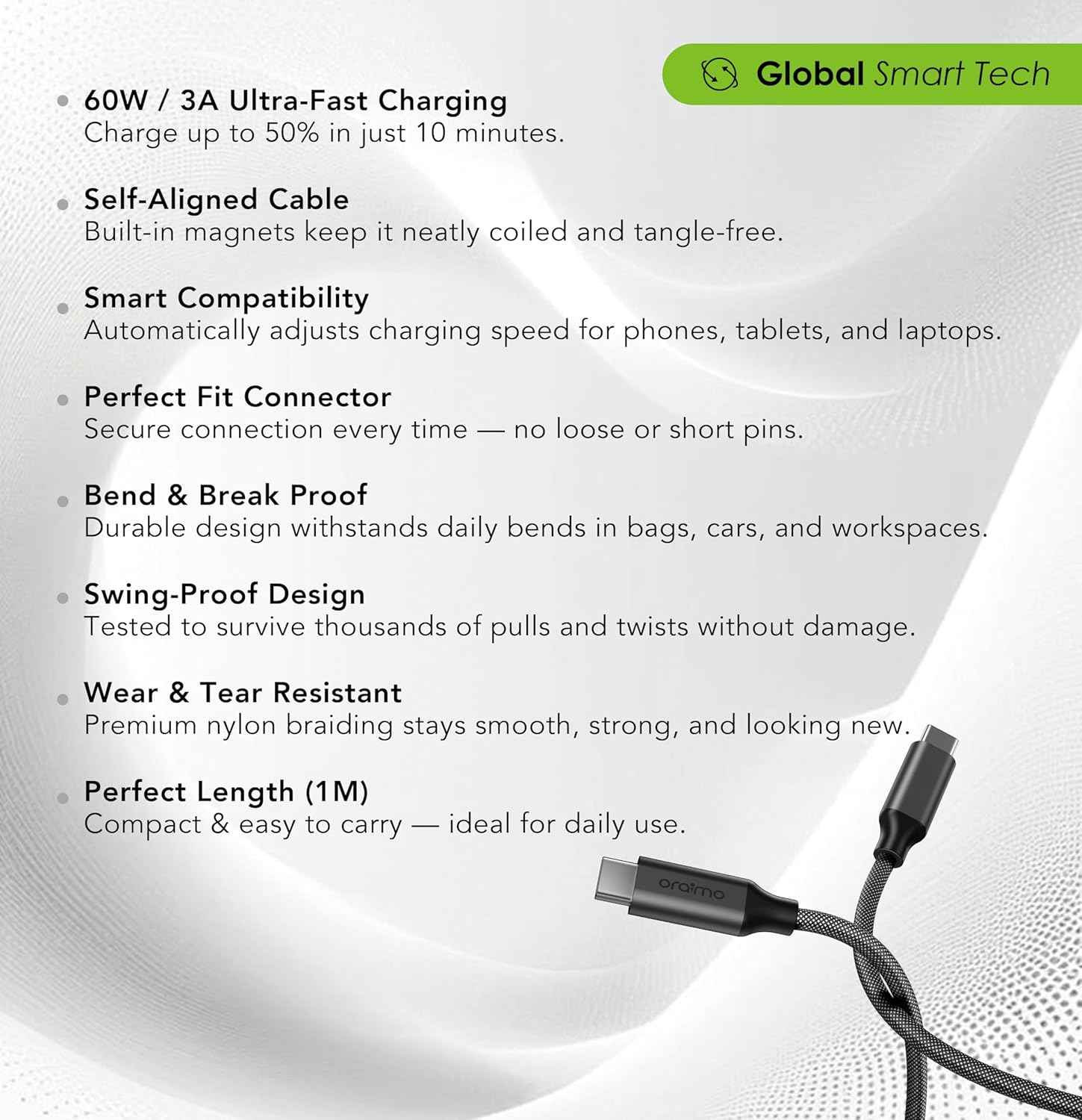 Oraimo MagCable OCD-710CC – Type-C to Type-C Magnetic Fast Charging Cable 20W, 1 Meter