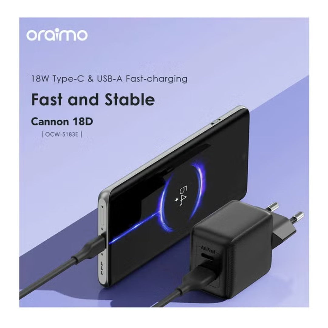 Oraimo Cannon Wall Charger OCW-5183E+C53 – 18W PD Fast Wall Charger with Type-C Cable