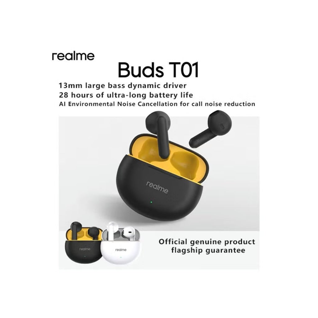 Realme Buds T01 – سماعات بلوتوث TWS، بطارية 28 ساعة، عزل ضوضاء، درايفر 13mm