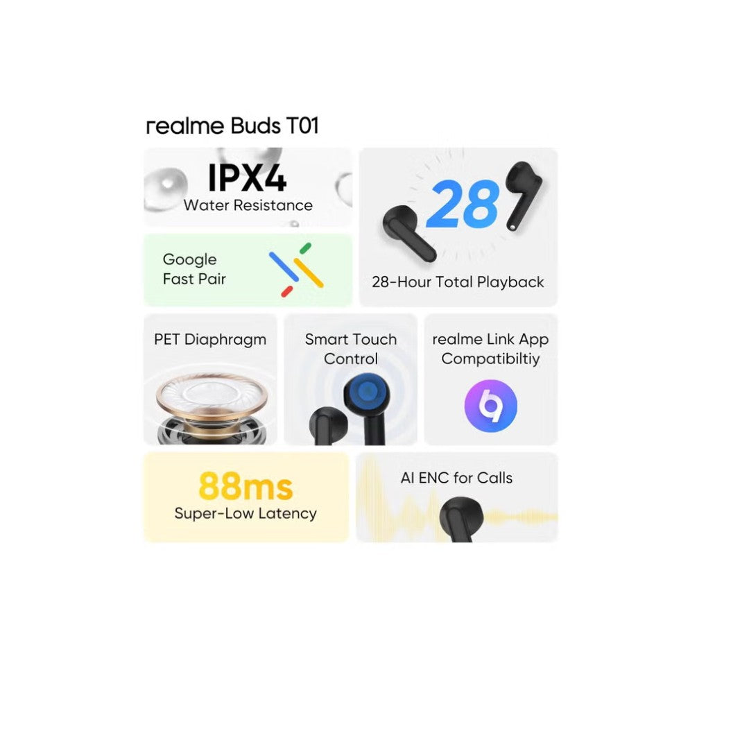 Realme Buds T01 – سماعات بلوتوث TWS، بطارية 28 ساعة، عزل ضوضاء، درايفر 13mm