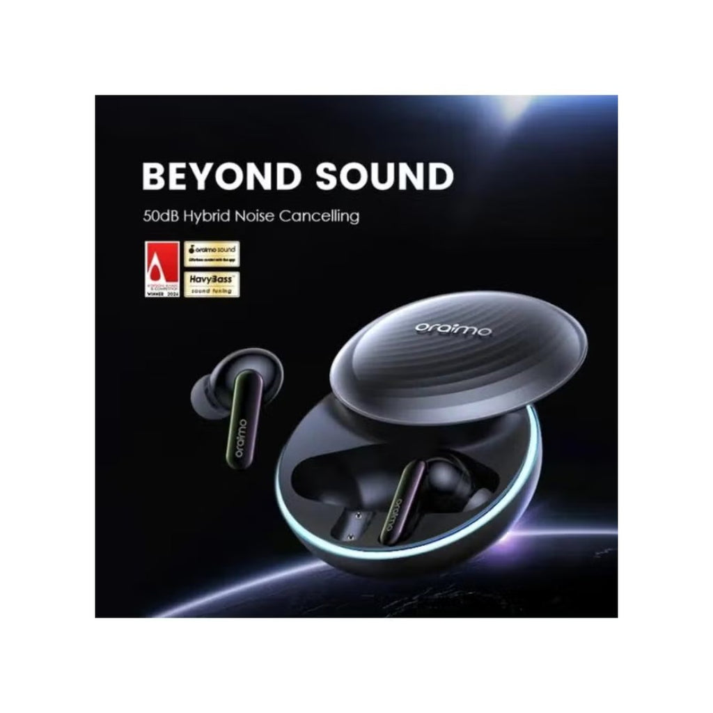سماعات Oraimo SpaceBuds Hybrid (OTW-630) – بلوتوث 5.3، إلغاء ضوضاء نشط، بطارية 36 ساعة