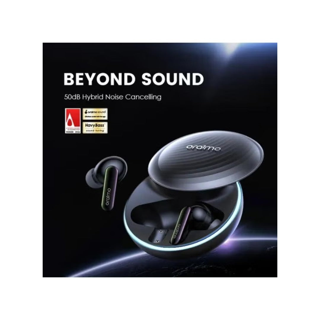 سماعات Oraimo SpaceBuds Hybrid (OTW-630) – بلوتوث 5.3، إلغاء ضوضاء نشط، بطارية 36 ساعة