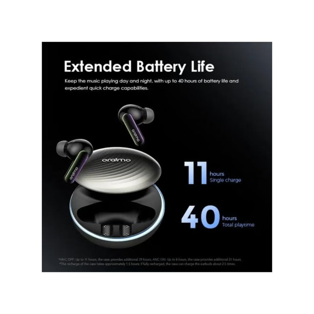 سماعات Oraimo SpaceBuds Hybrid (OTW-630) – بلوتوث 5.3، إلغاء ضوضاء نشط، بطارية 36 ساعة