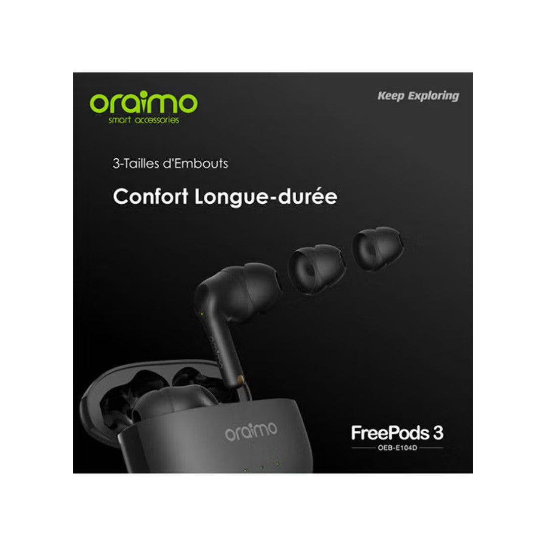 سماعات Oraimo FreePods 3 TWS – بلوتوث 5.0، 4 ميكروفونات ENC، بطارية 36 ساعة، مقاومة للماء IPX5