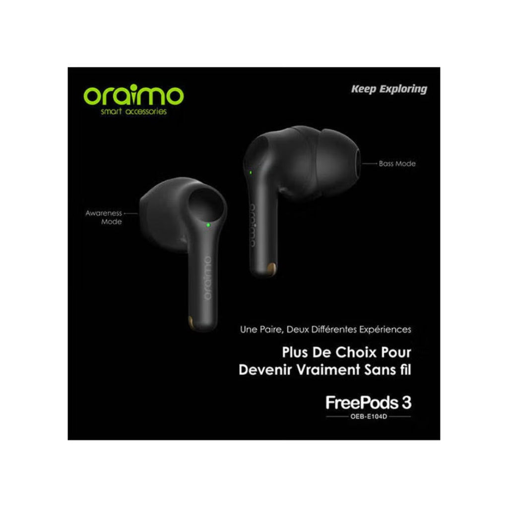 سماعات Oraimo FreePods 3 TWS – بلوتوث 5.0، 4 ميكروفونات ENC، بطارية 36 ساعة، مقاومة للماء IPX5