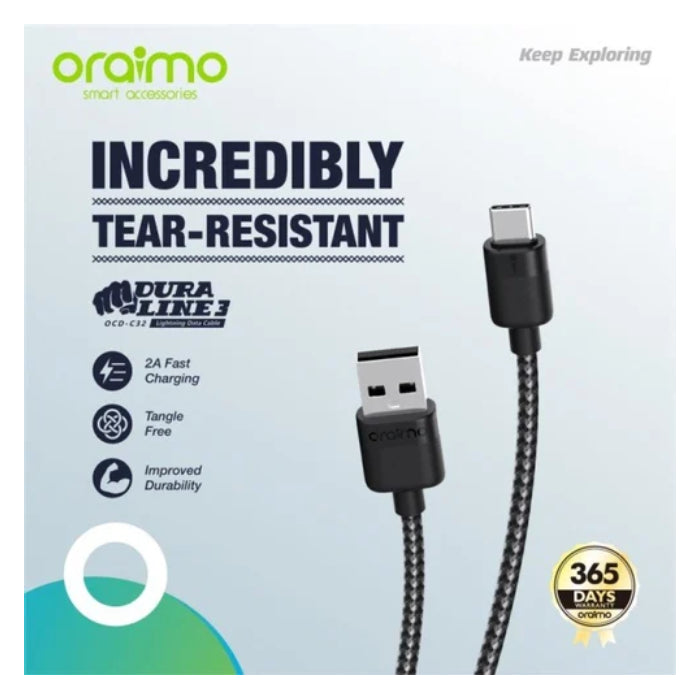 Oraimo Cable OCD-C32 – 1m Type-C 3A Fast Charging Cable