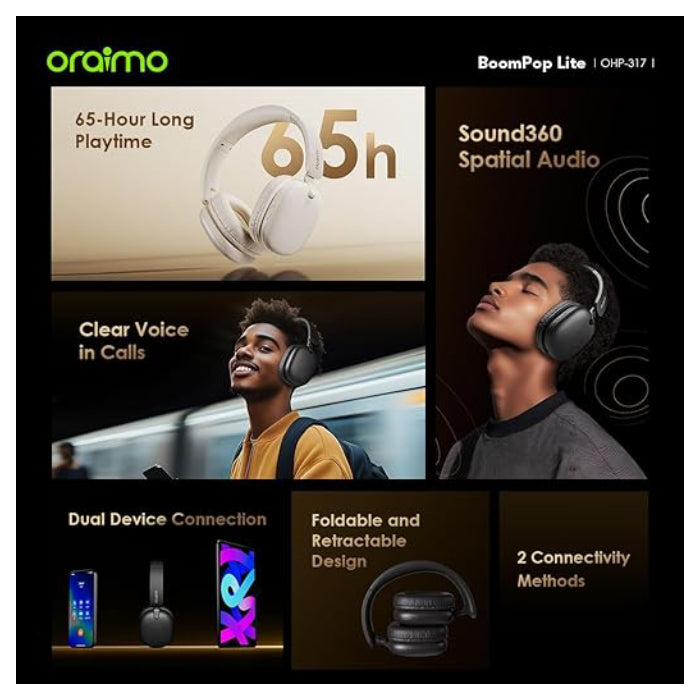 Oraimo BoomPop Lite Wireless ENC Headphones – صوت قوي، بطارية طويلة، تصميم مريح